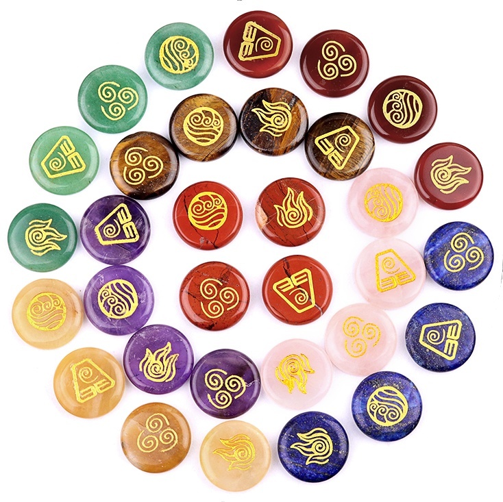 25MM Stone Disc Ornament 4PCS Handmade Craved Greece Spiritual Symbols(Earth+Air+Water+Fire)