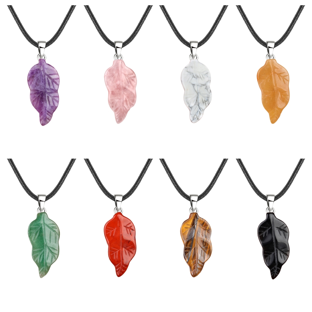 Handmade Craved Gemstone Leaf  Pendant  (Approx 23X47MM) Necklace 45CM Black Cord