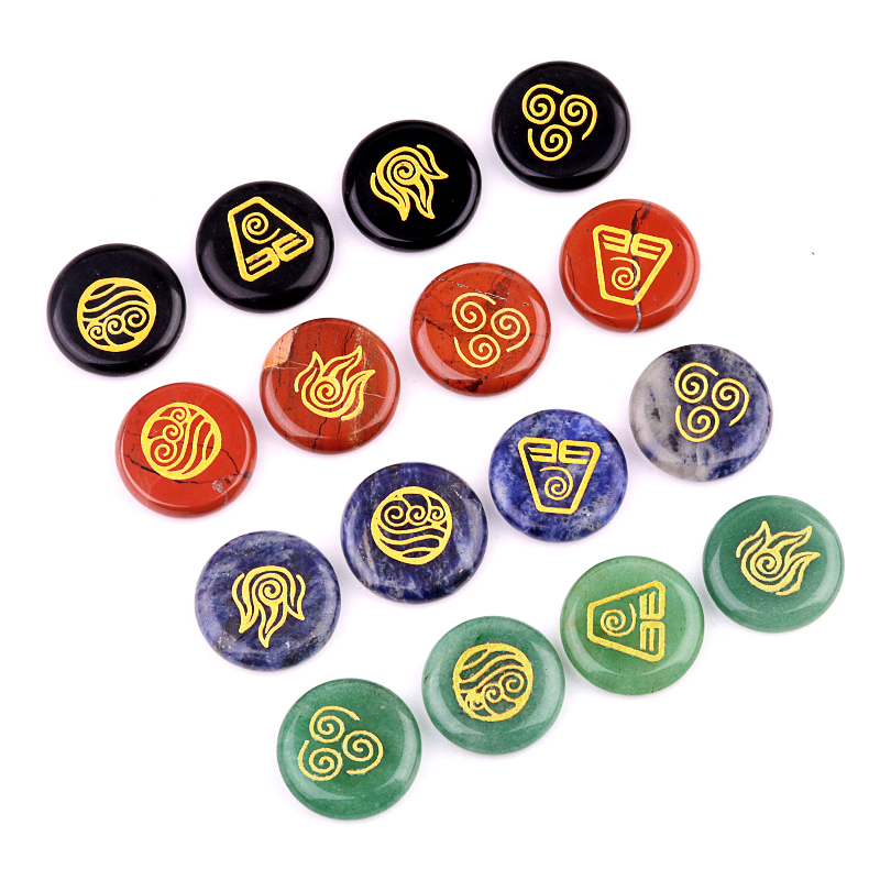 25MM Stone Disc Ornament 4PCS Handmade Craved Greece Spiritual Symbols(Earth+Air+Water+Fire)