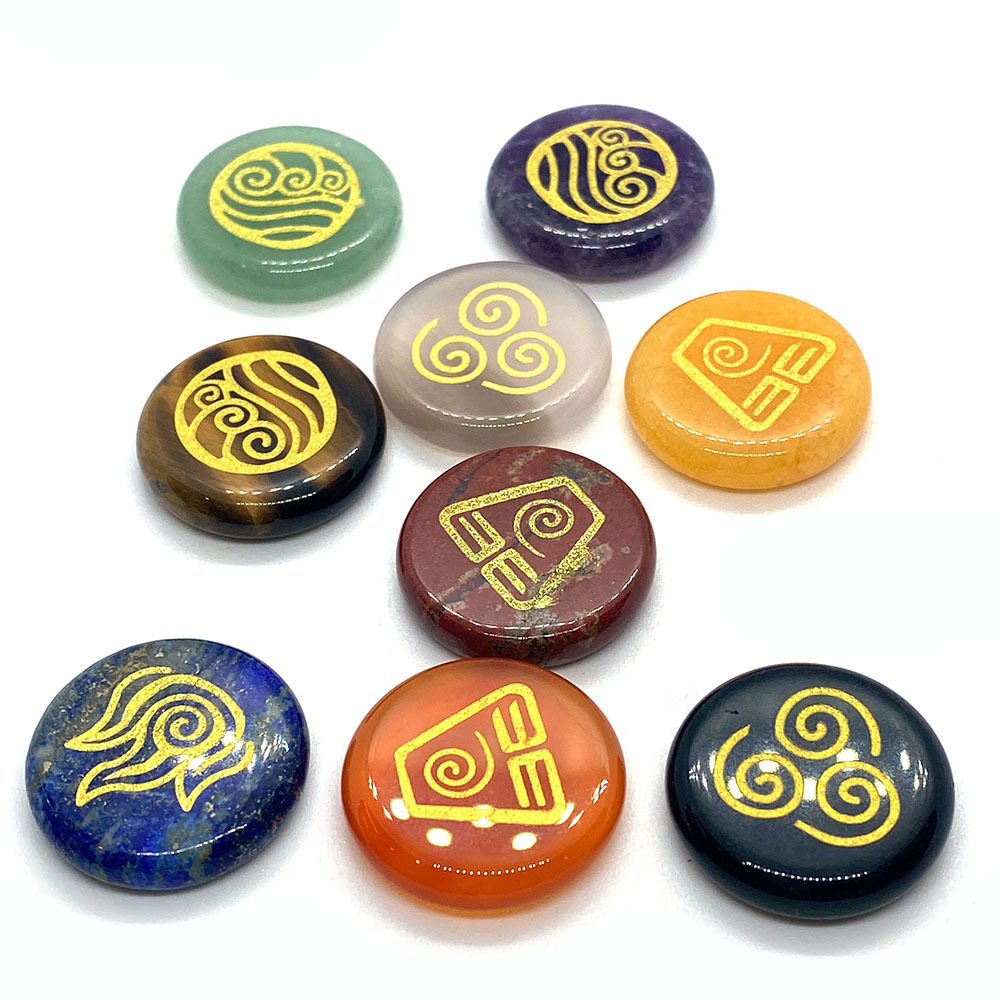 25MM Stone Disc Ornament 4PCS Handmade Craved Greece Spiritual Symbols(Earth+Air+Water+Fire)