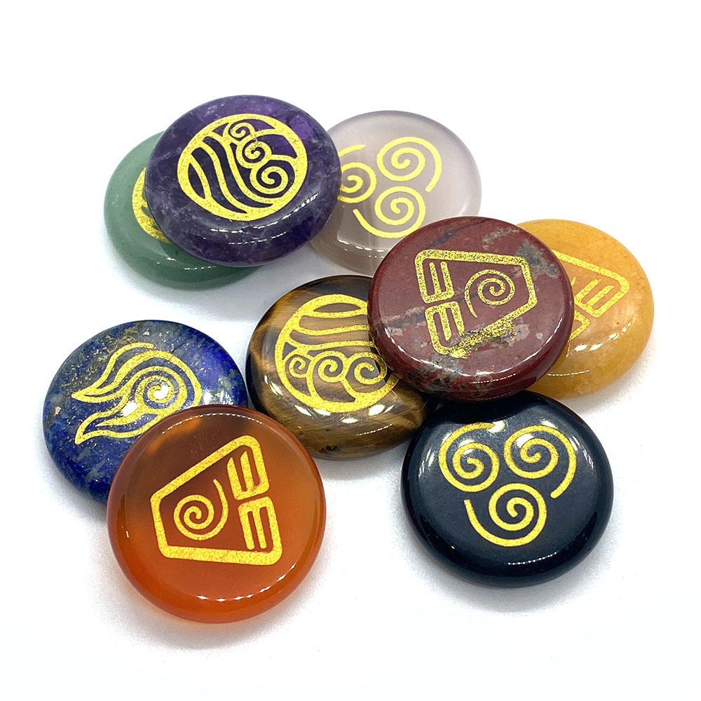 25MM Stone Disc Ornament 4PCS Handmade Craved Greece Spiritual Symbols(Earth+Air+Water+Fire)