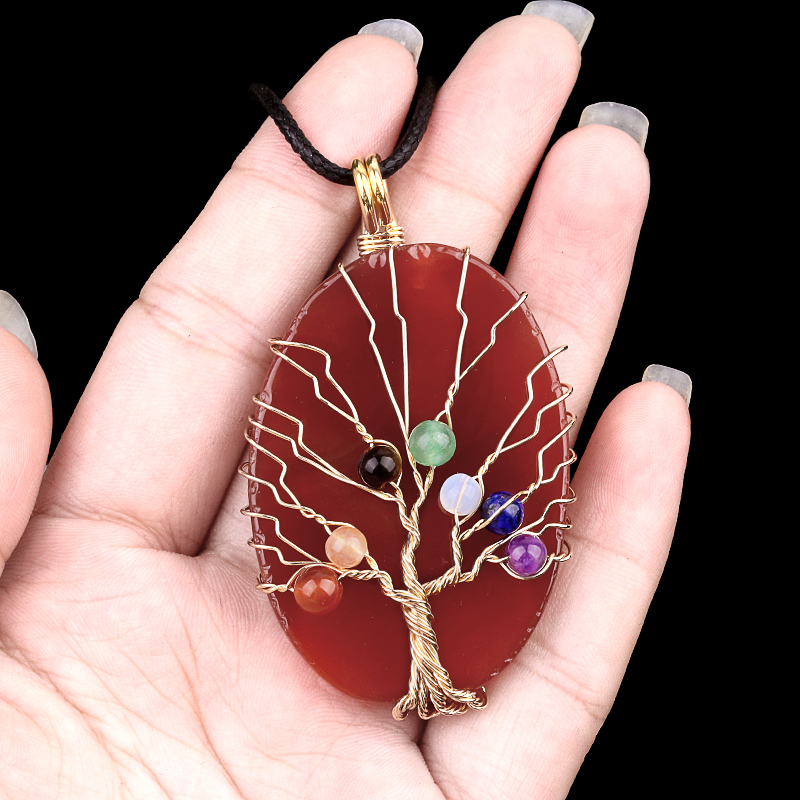 Agate Silce Wrapped Gold Wire 7 Chakra 4MM Round Beads Life of Tree Pendant for Making Jewelry