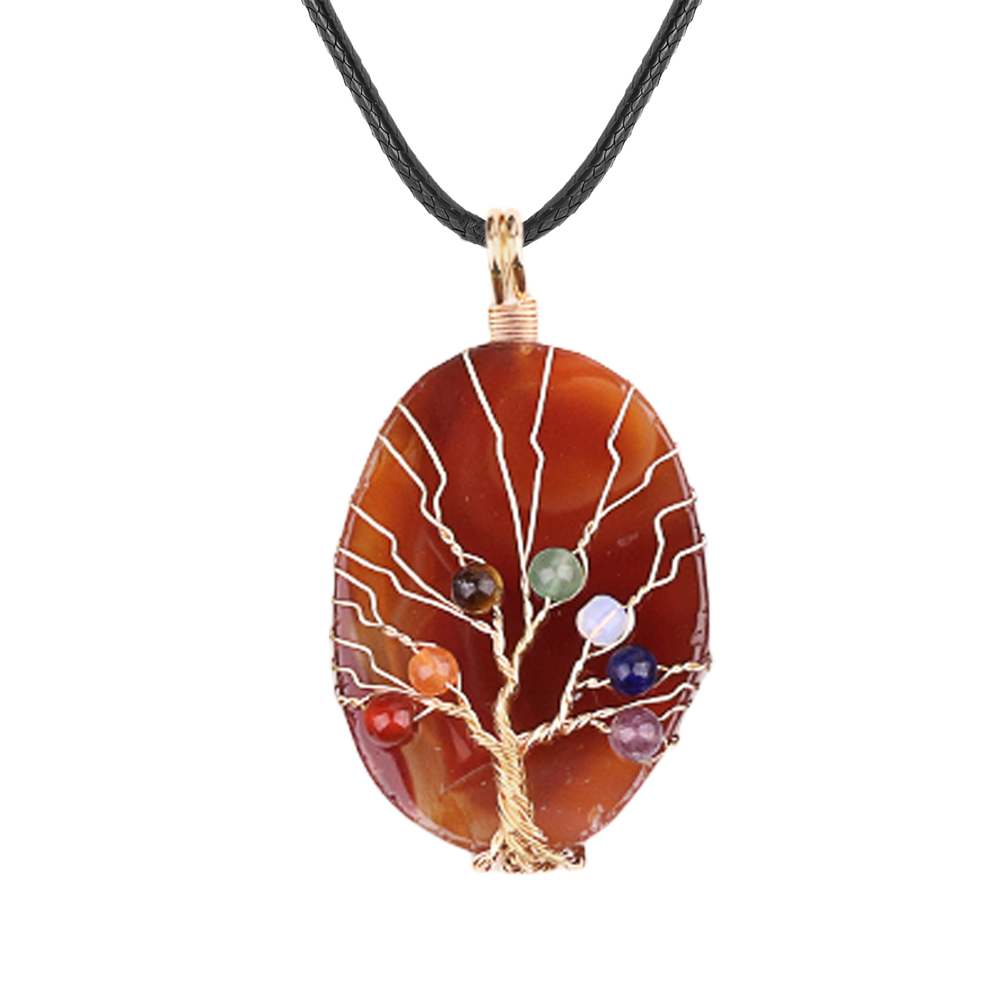 Agate Silce Wrapped Gold Wire 7 Chakra 4MM Round Beads Life of Tree Pendant for Making Jewelry