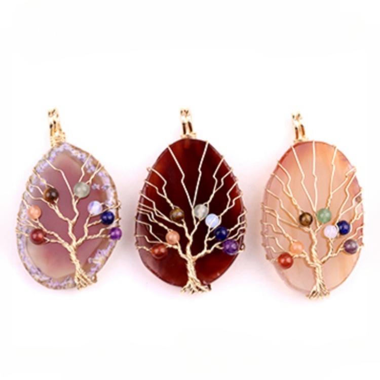 Agate Silce Wrapped Gold Wire 7 Chakra 4MM Round Beads Life of Tree Pendant for Making Jewelry