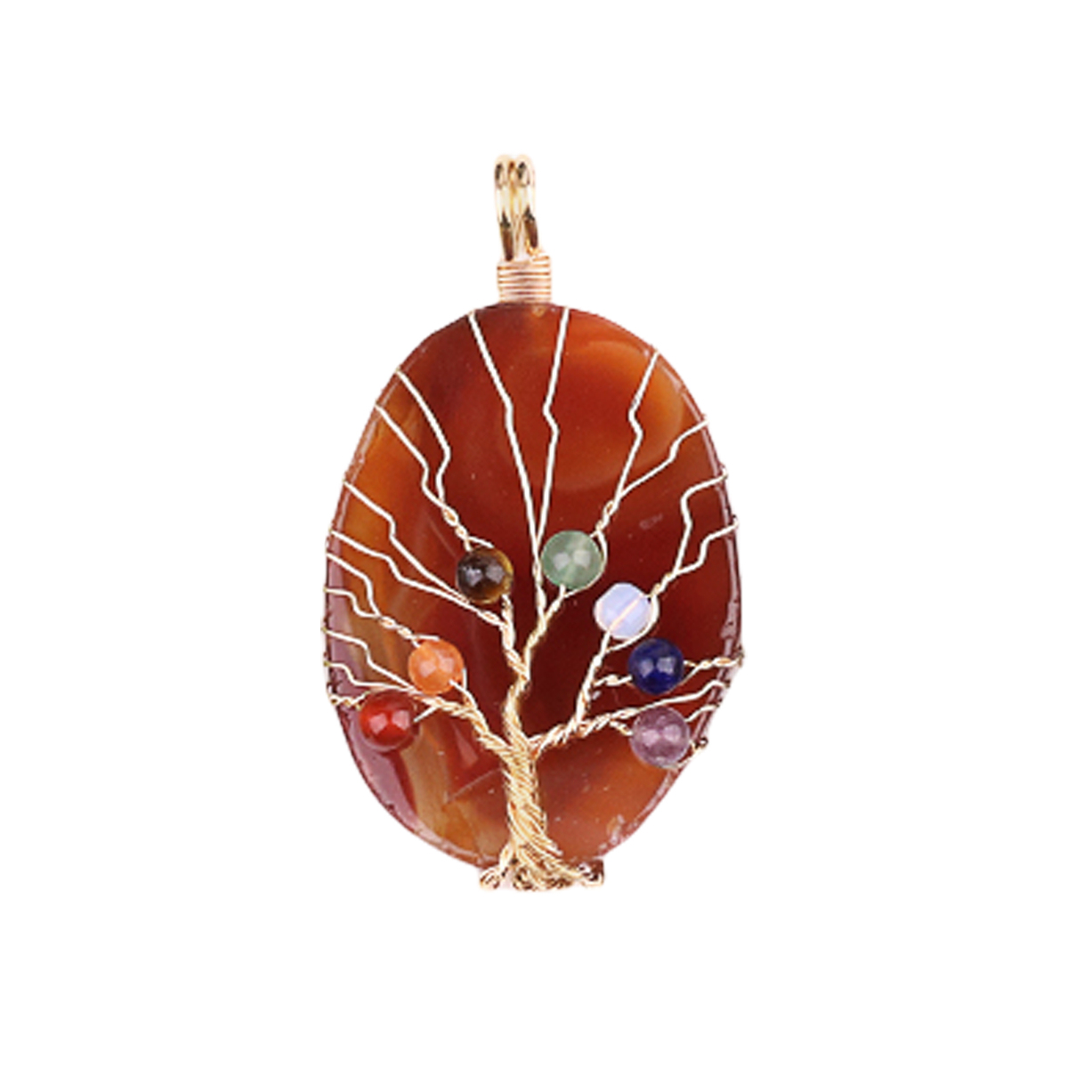 Agate Silce Wrapped Gold Wire 7 Chakra 4MM Round Beads Life of Tree Pendant