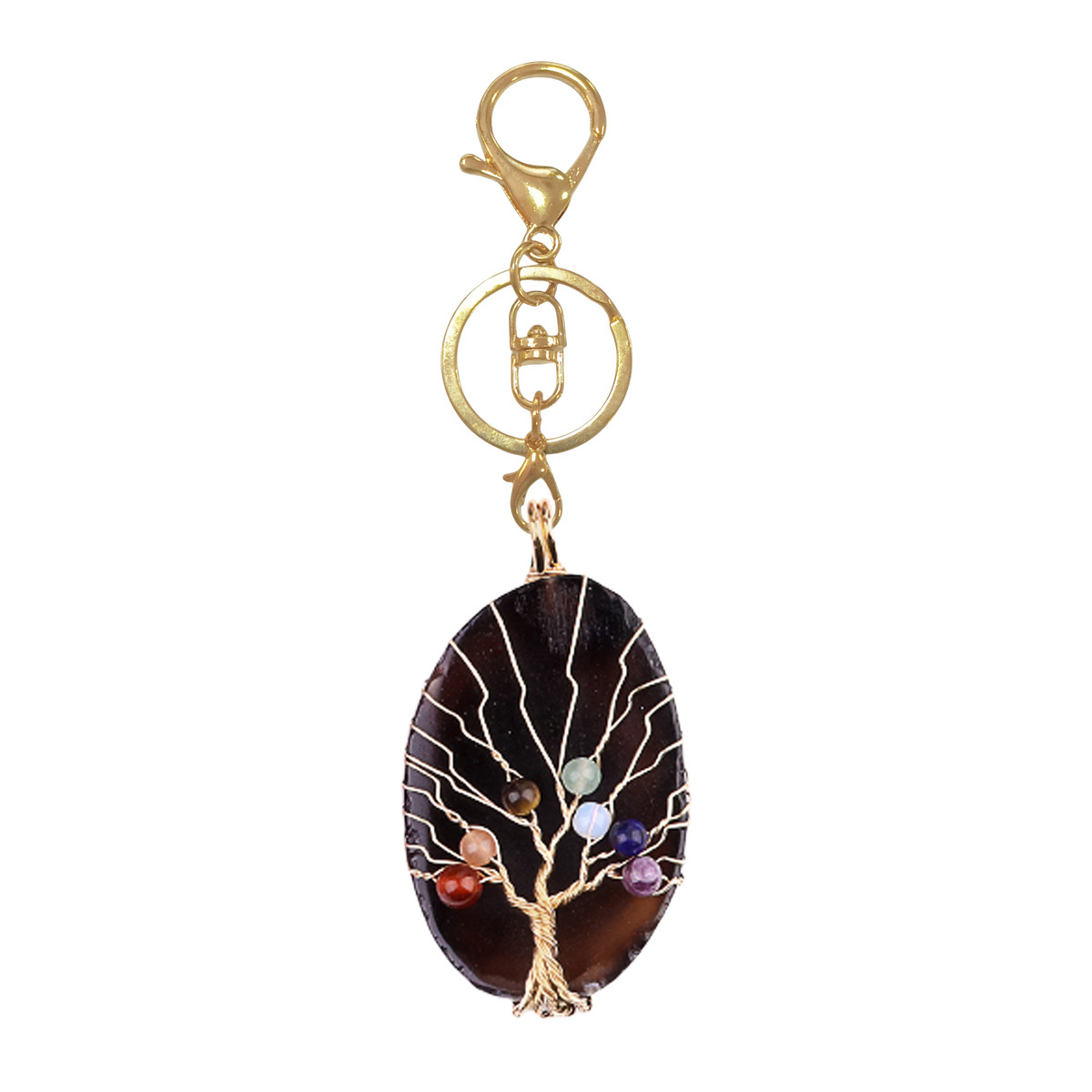 Agate Silce Wrapped Gold Wire 7 Chakra 4MM Round Beads Life of Tree Pendant for Making Jewelry