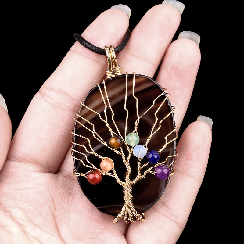 Agate Silce Wrapped Gold Wire 7 Chakra 4MM Round Beads Life of Tree Pendant for Making Jewelry