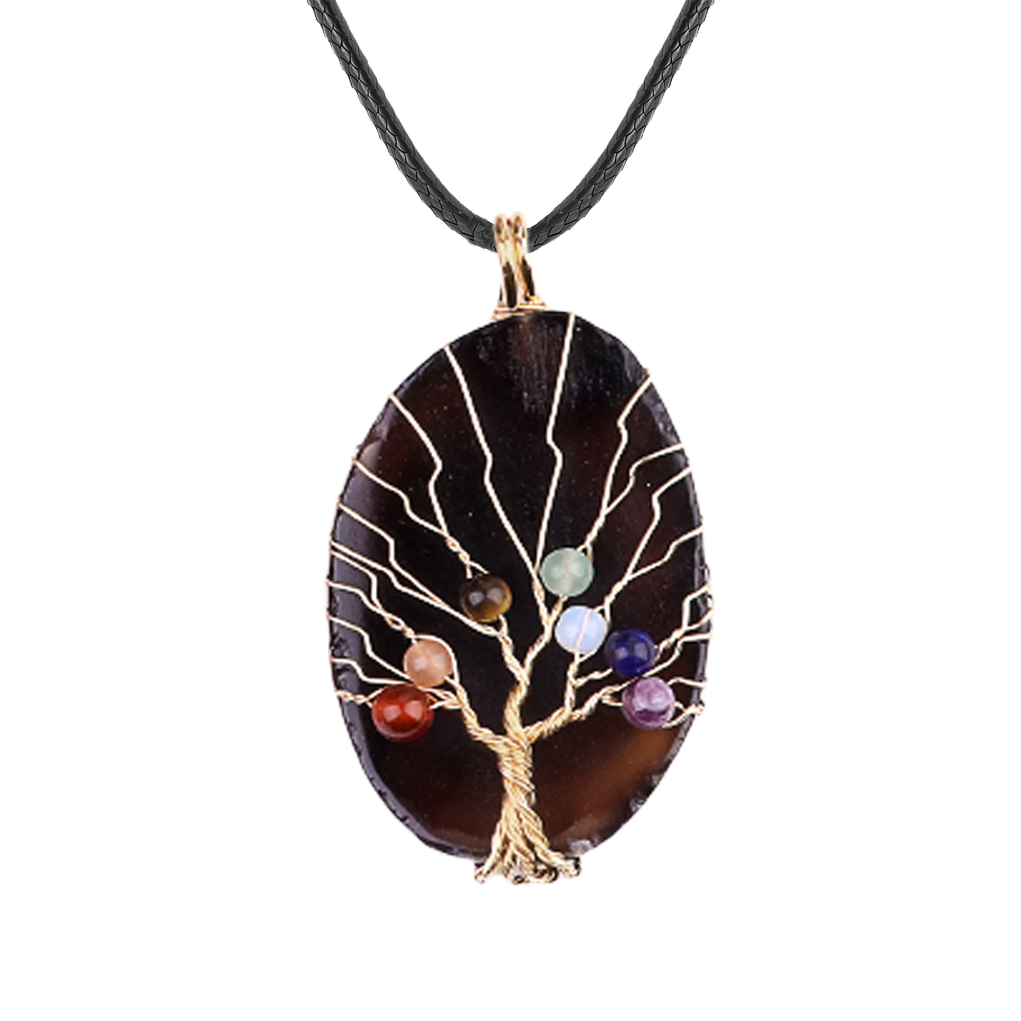 Agate Silce Wrapped Gold Wire 7 Chakra 4MM Round Beads Life of Tree Pendant for Making Jewelry