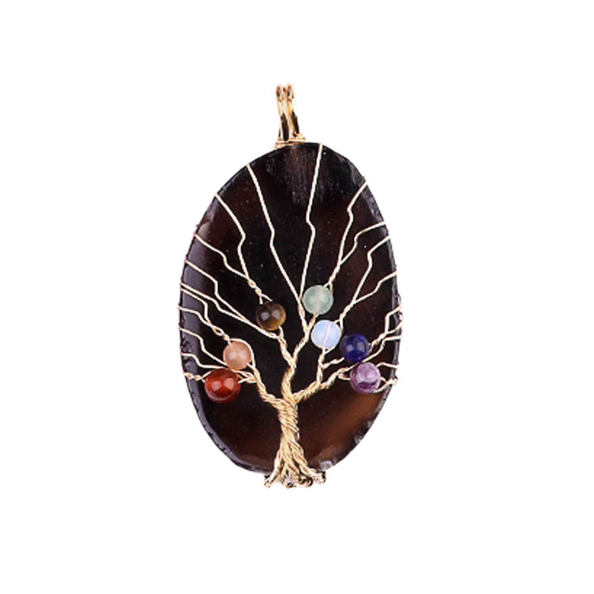 Agate Silce Wrapped Gold Wire 7 Chakra 4MM Round Beads Life of Tree Pendant