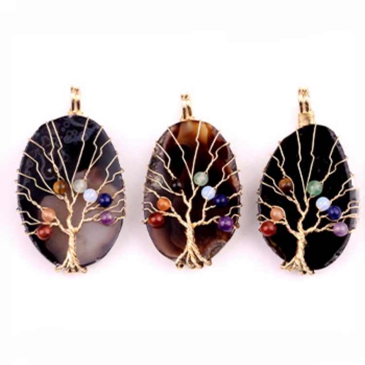 Agate Silce Wrapped Gold Wire 7 Chakra 4MM Round Beads Life of Tree Pendant for Making Jewelry