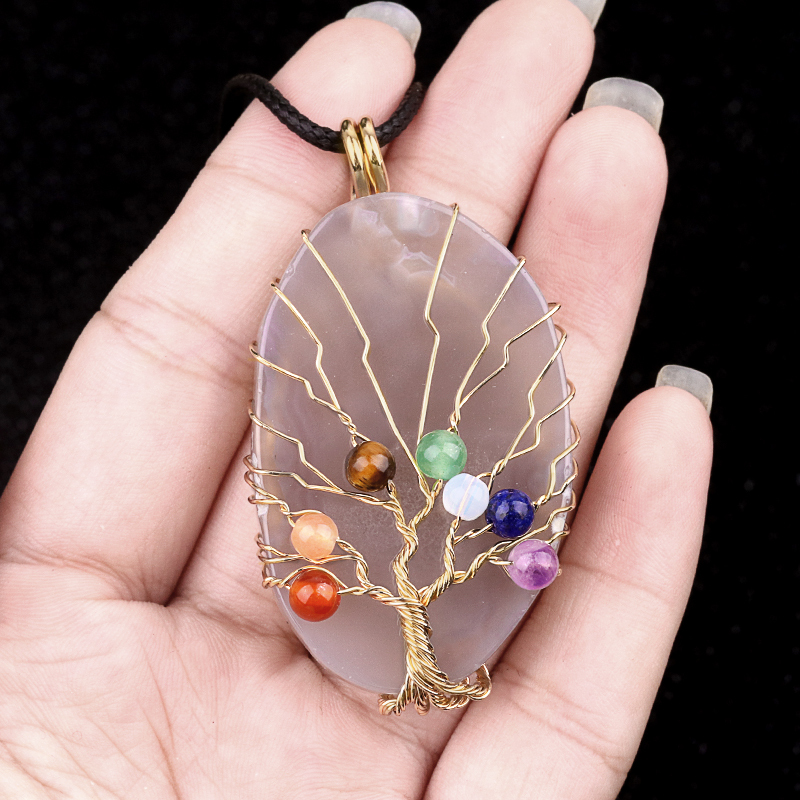 Agate Silce Wrapped Gold Wire 7 Chakra 4MM Round Beads Life of Tree Pendant for Making Jewelry