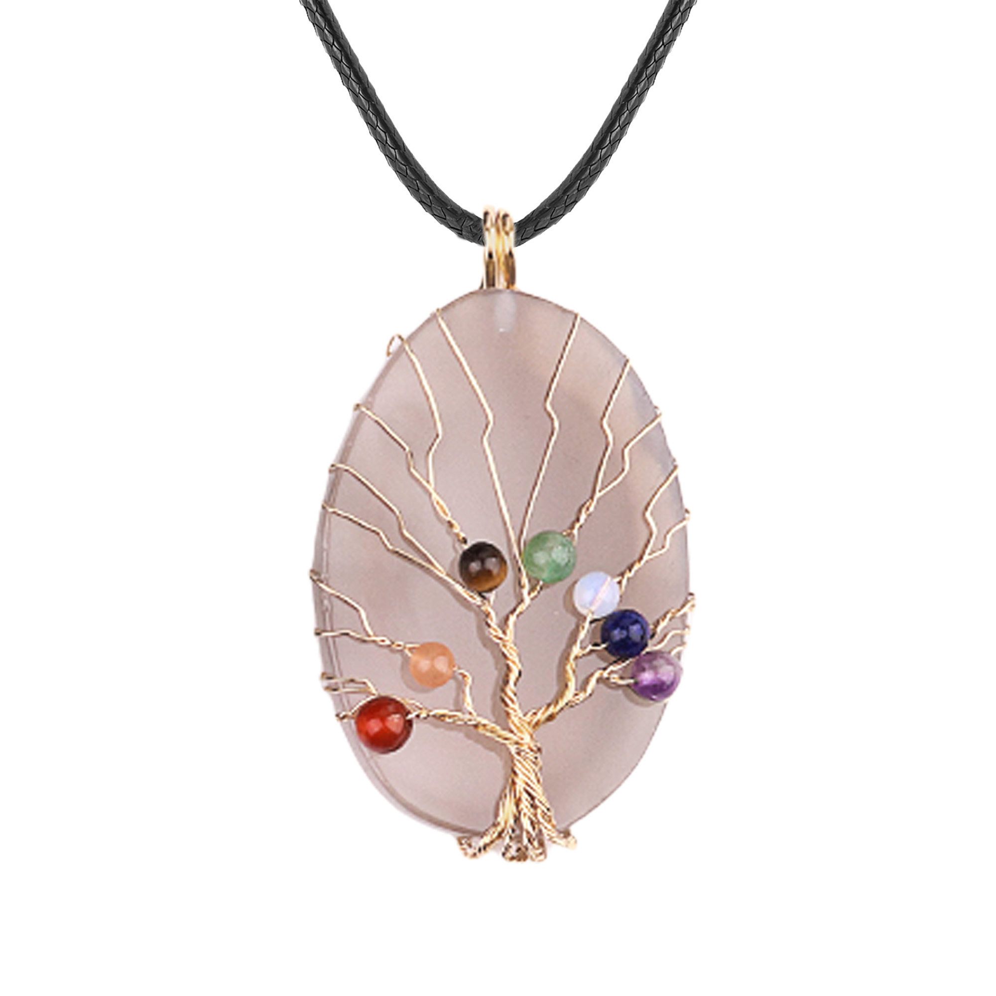 Agate Silce Wrapped Gold Wire 7 Chakra 4MM Round Beads Life of Tree Pendant for Making Jewelry