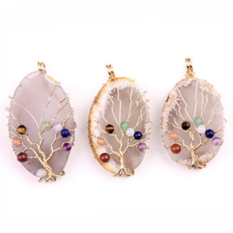Agate Silce Wrapped Gold Wire 7 Chakra 4MM Round Beads Life of Tree Pendant for Making Jewelry