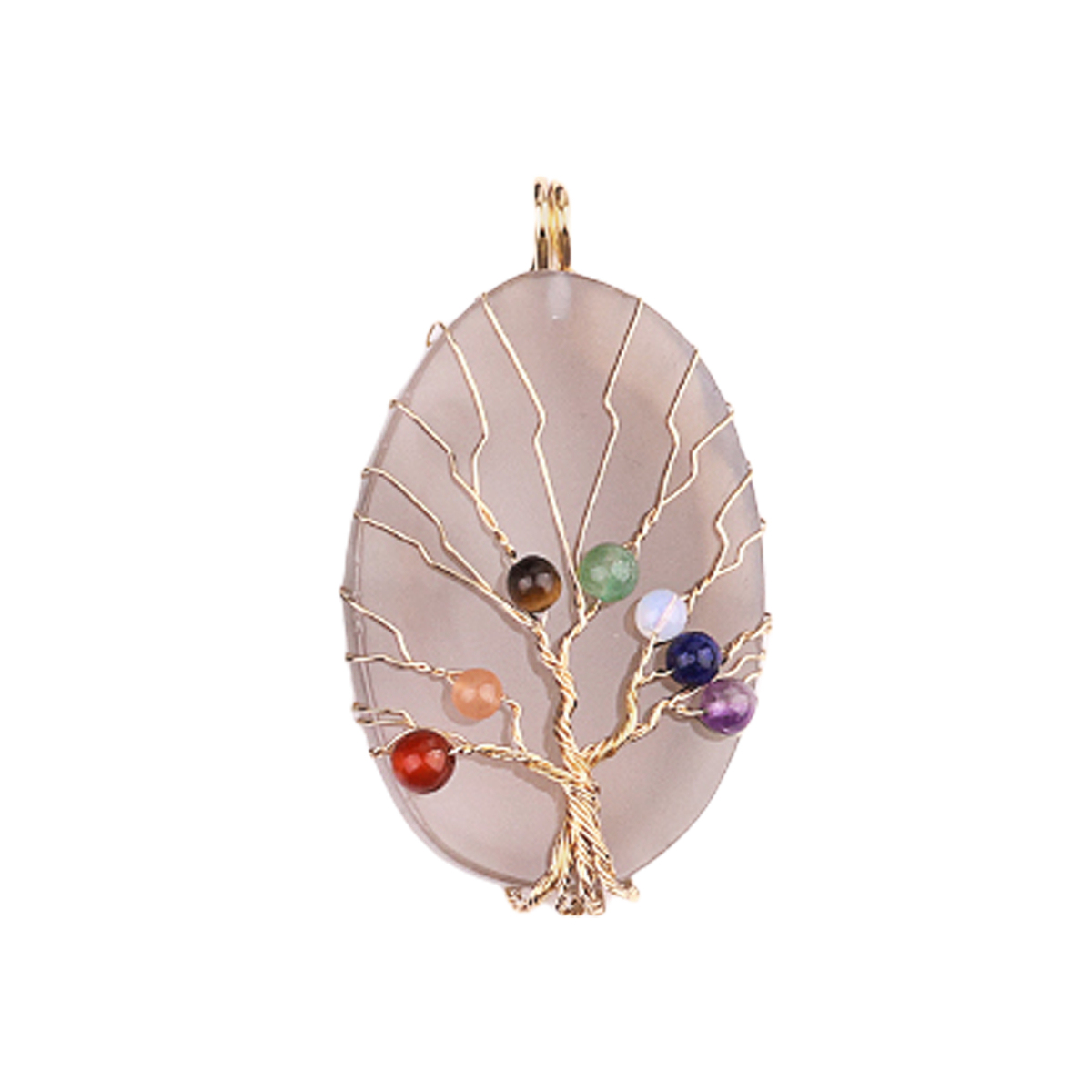 Agate Silce Wrapped Gold Wire 7 Chakra 4MM Round Beads Life of Tree Pendant