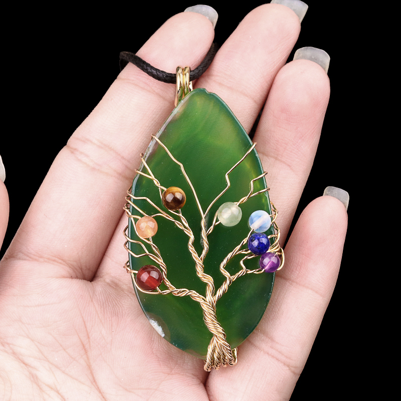 Agate Silce Wrapped Gold Wire 7 Chakra 4MM Round Beads Life of Tree Pendant for Making Jewelry