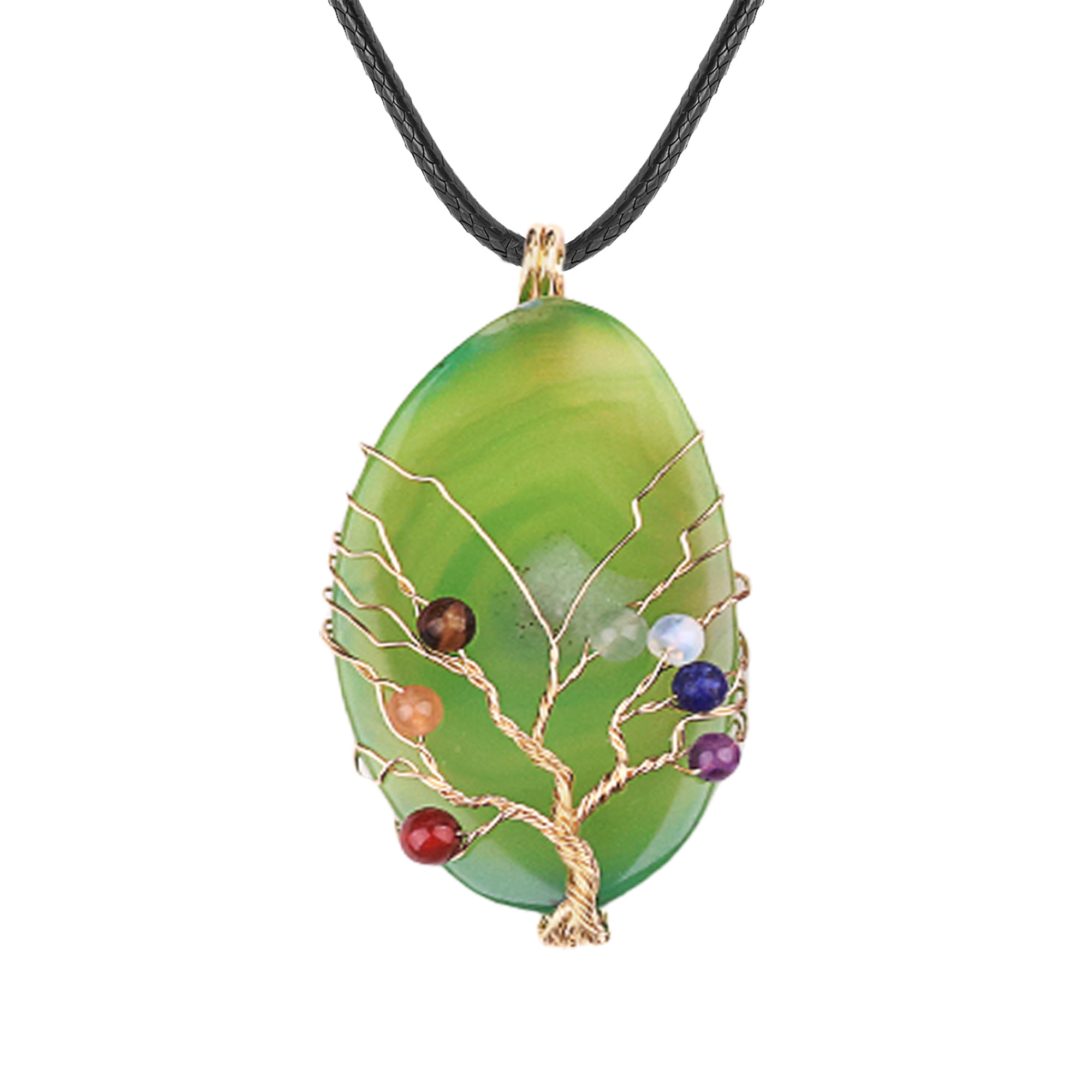 Agate Silce Wrapped Gold Wire 7 Chakra 4MM Round Beads Life of Tree Pendant for Making Jewelry