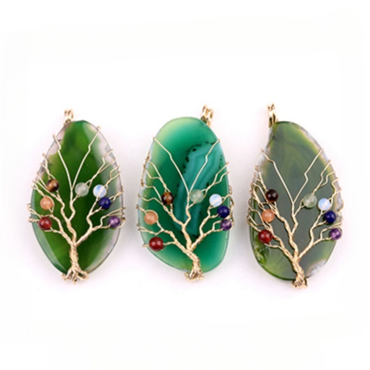 Agate Silce Wrapped Gold Wire 7 Chakra 4MM Round Beads Life of Tree Pendant for Making Jewelry