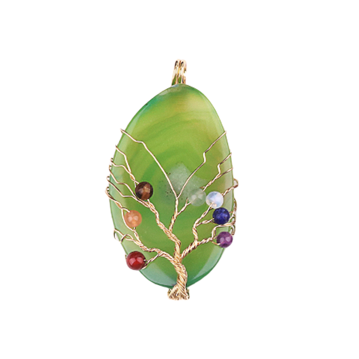 Agate Silce Wrapped Gold Wire 7 Chakra 4MM Round Beads Life of Tree Pendant