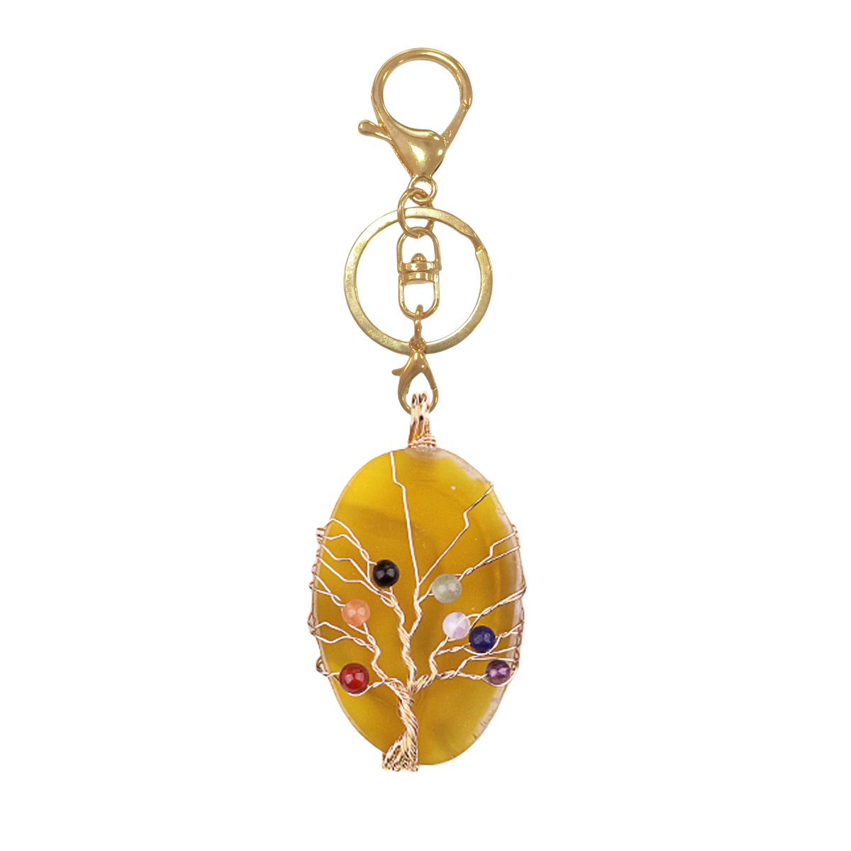 Agate Silce Wrapped Gold Wire 7 Chakra 4MM Round Beads Life of Tree Pendant for Making Jewelry