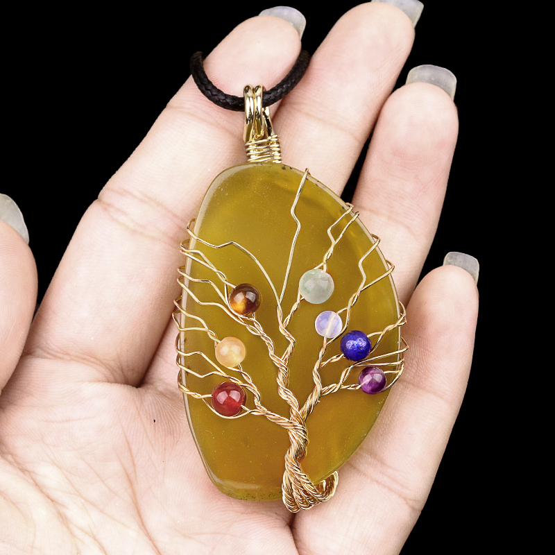Agate Silce Wrapped Gold Wire 7 Chakra 4MM Round Beads Life of Tree Pendant for Making Jewelry