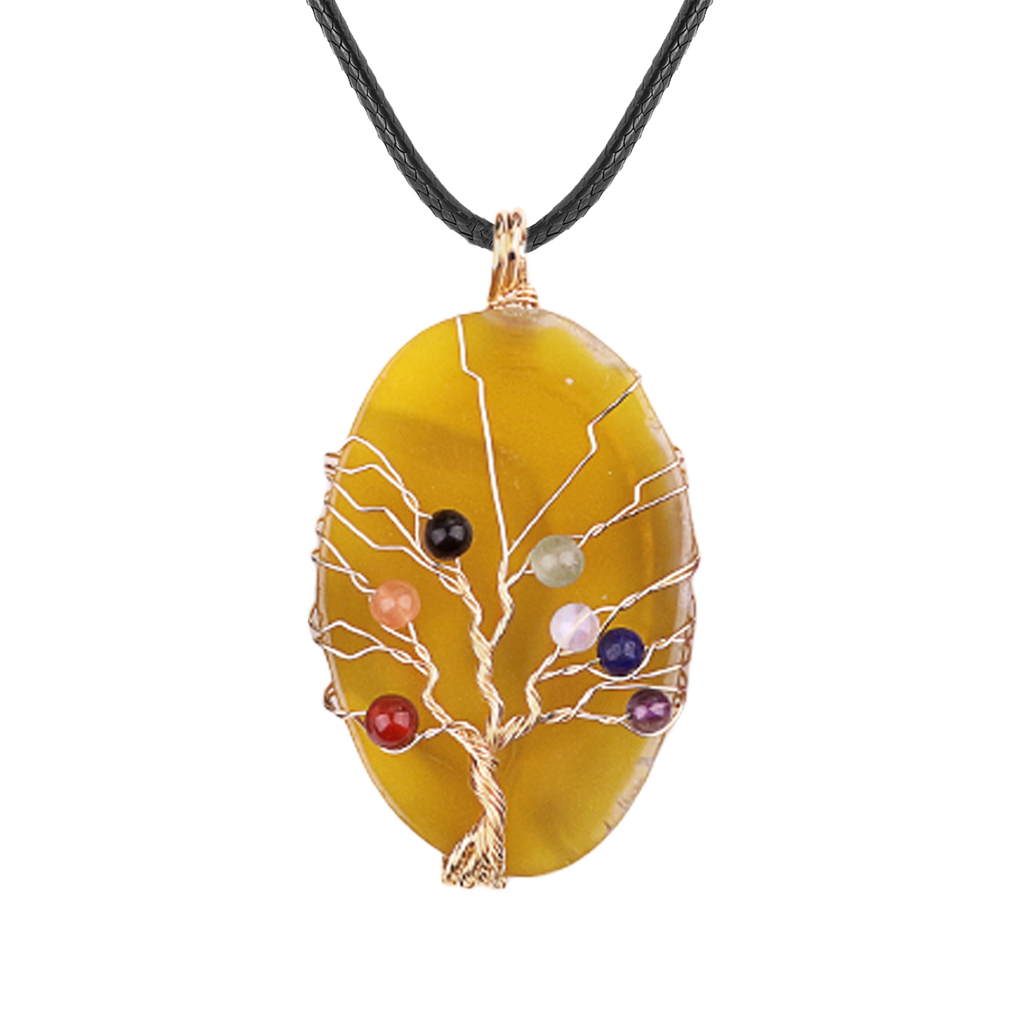 Agate Silce Wrapped Gold Wire 7 Chakra 4MM Round Beads Life of Tree Pendant for Making Jewelry
