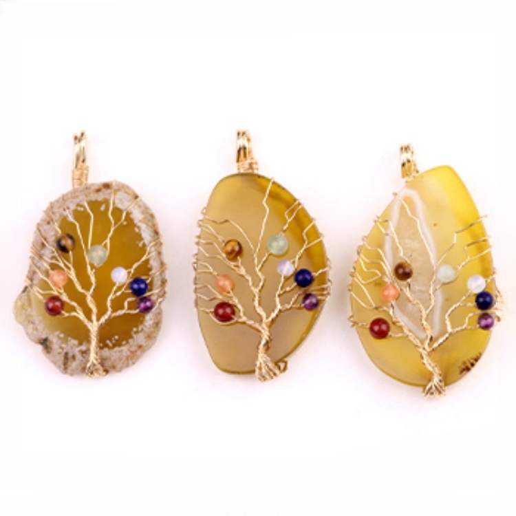 Agate Silce Wrapped Gold Wire 7 Chakra 4MM Round Beads Life of Tree Pendant for Making Jewelry