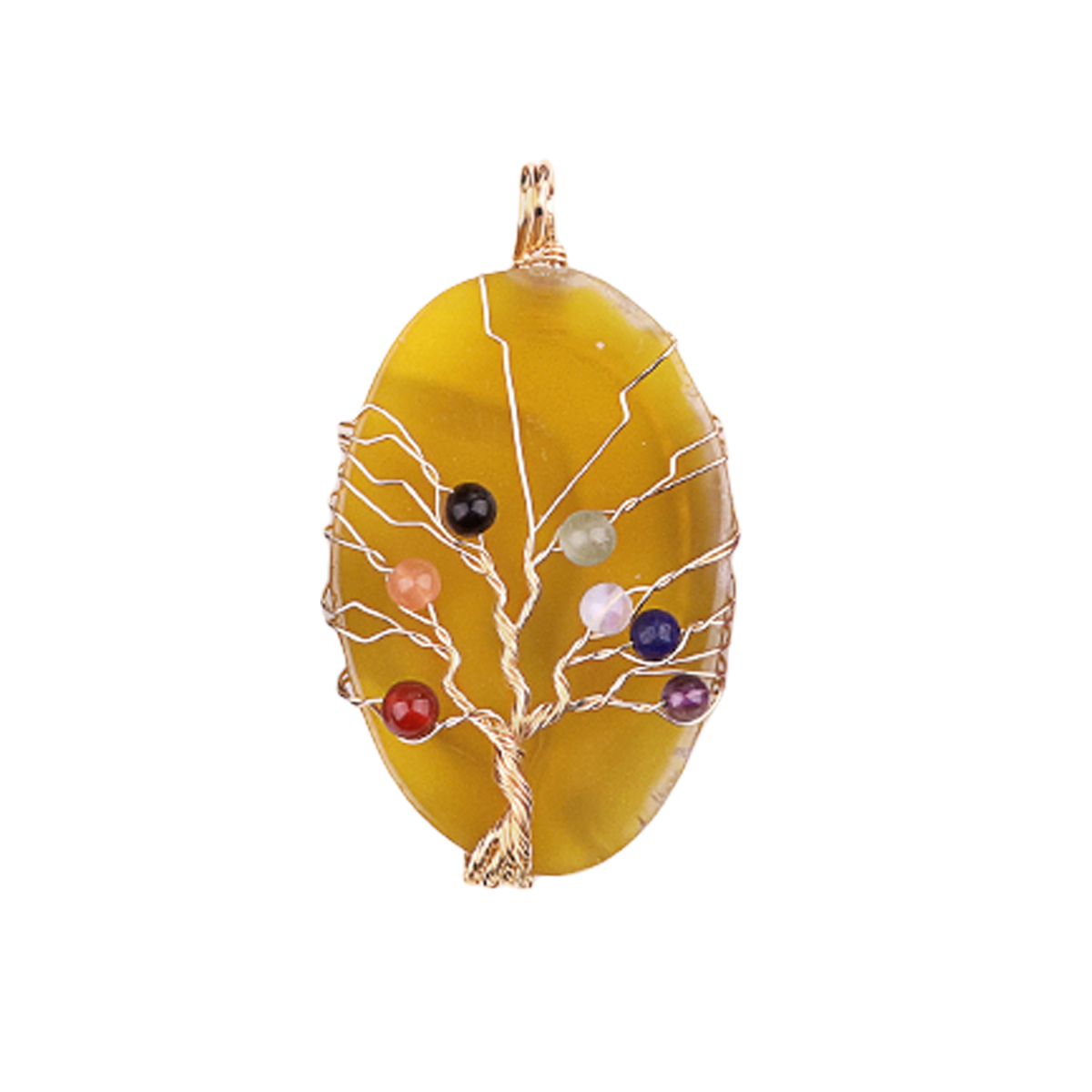 Agate Silce Wrapped Gold Wire 7 Chakra 4MM Round Beads Life of Tree Pendant
