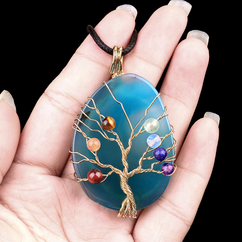 Agate Silce Wrapped Gold Wire 7 Chakra 4MM Round Beads Life of Tree Pendant for Making Jewelry