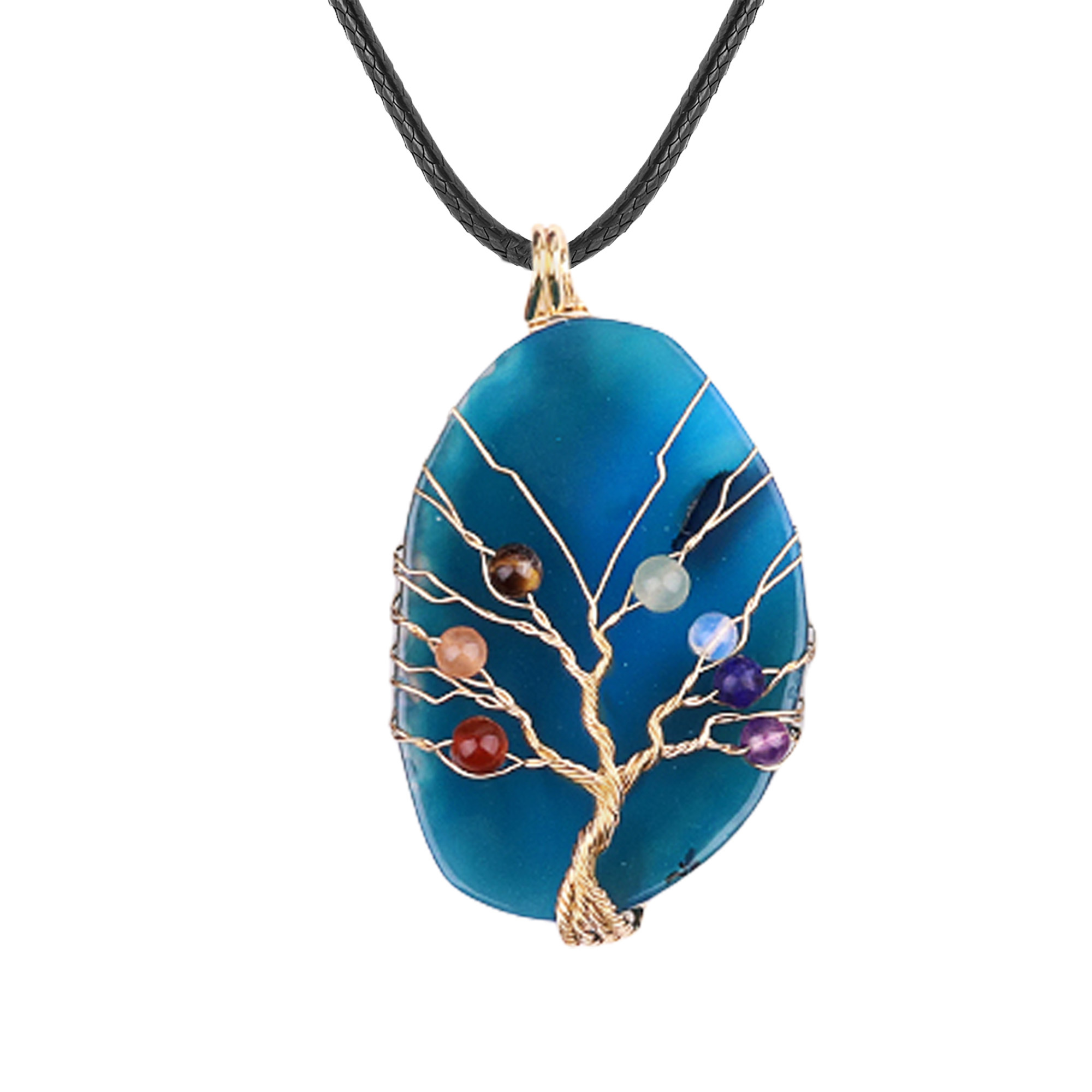 Agate Silce Wrapped Gold Wire 7 Chakra 4MM Round Beads Life of Tree Pendant for Making Jewelry