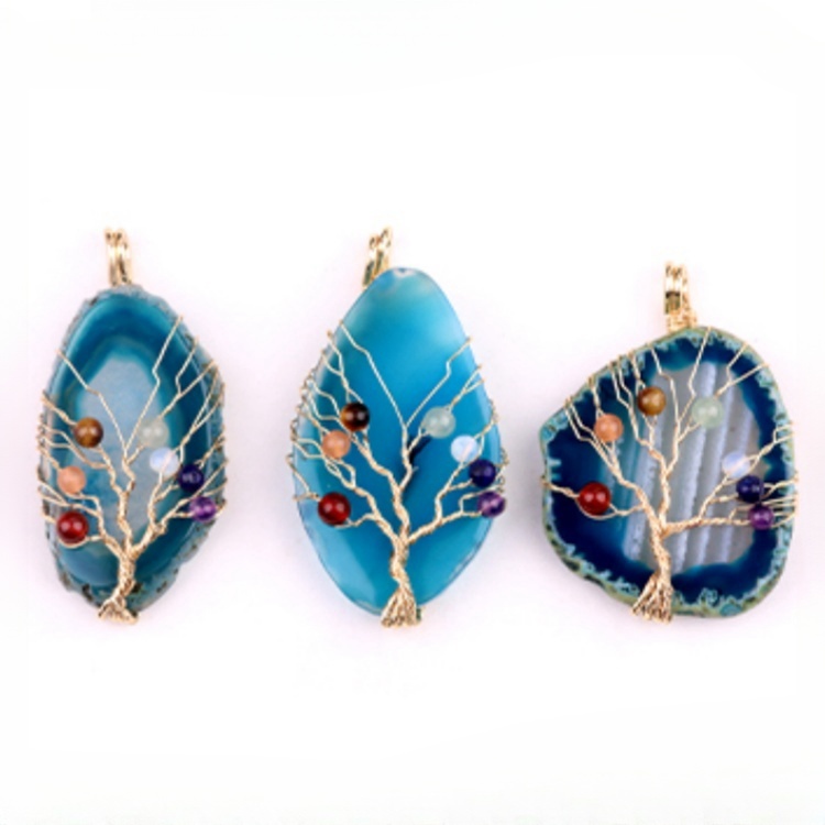 Agate Silce Wrapped Gold Wire 7 Chakra 4MM Round Beads Life of Tree Pendant for Making Jewelry