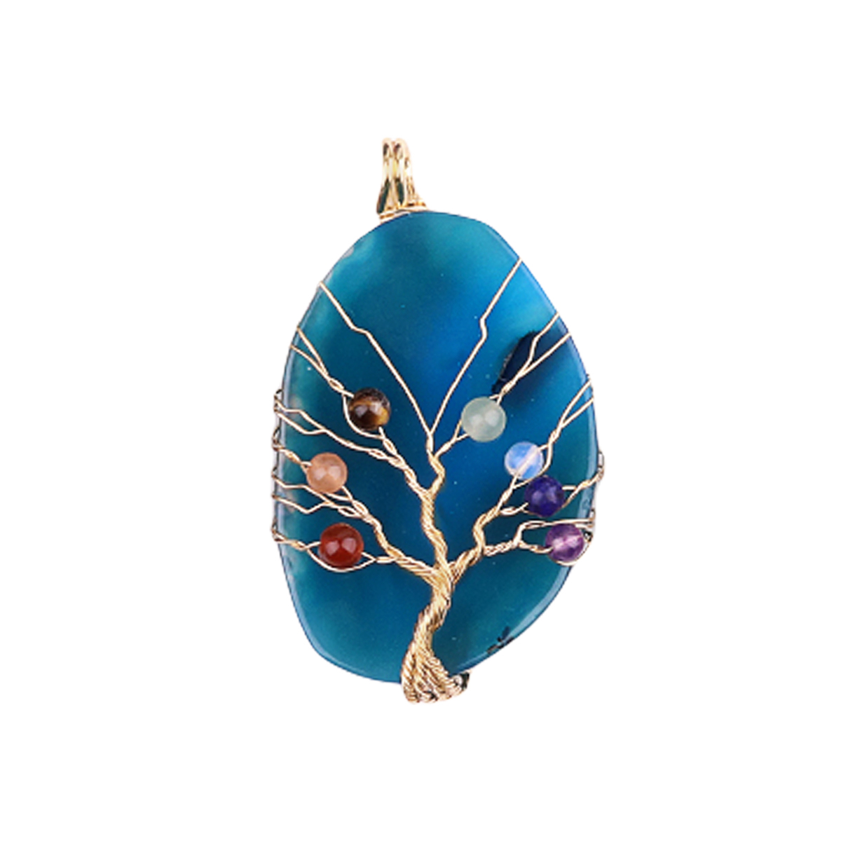 Agate Silce Wrapped Gold Wire 7 Chakra 4MM Round Beads Life of Tree Pendant