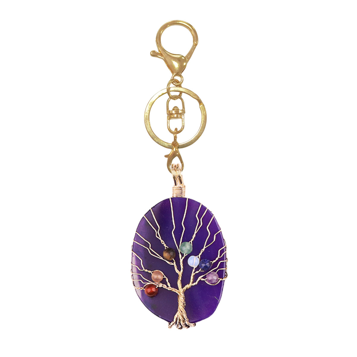 Agate Silce Wrapped Gold Wire 7 Chakra 4MM Round Beads Life of Tree Pendant for Making Jewelry