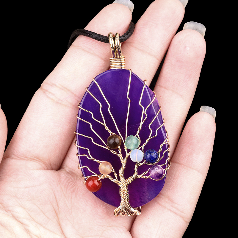 Agate Silce Wrapped Gold Wire 7 Chakra 4MM Round Beads Life of Tree Pendant for Making Jewelry