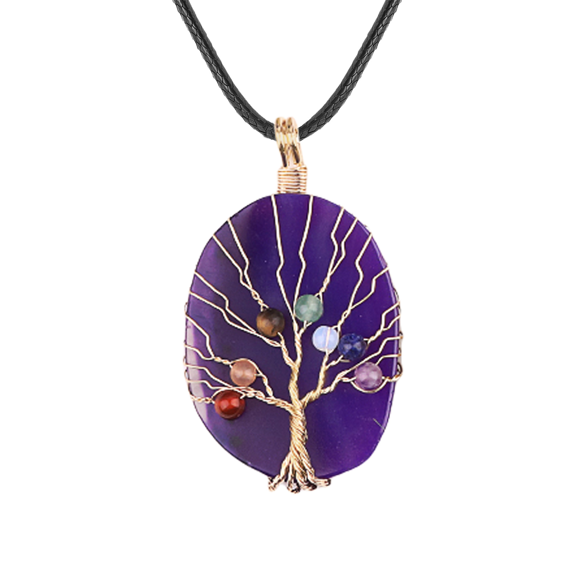 Agate Silce Wrapped Gold Wire 7 Chakra 4MM Round Beads Life of Tree Pendant for Making Jewelry