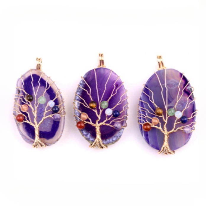 Agate Silce Wrapped Gold Wire 7 Chakra 4MM Round Beads Life of Tree Pendant for Making Jewelry