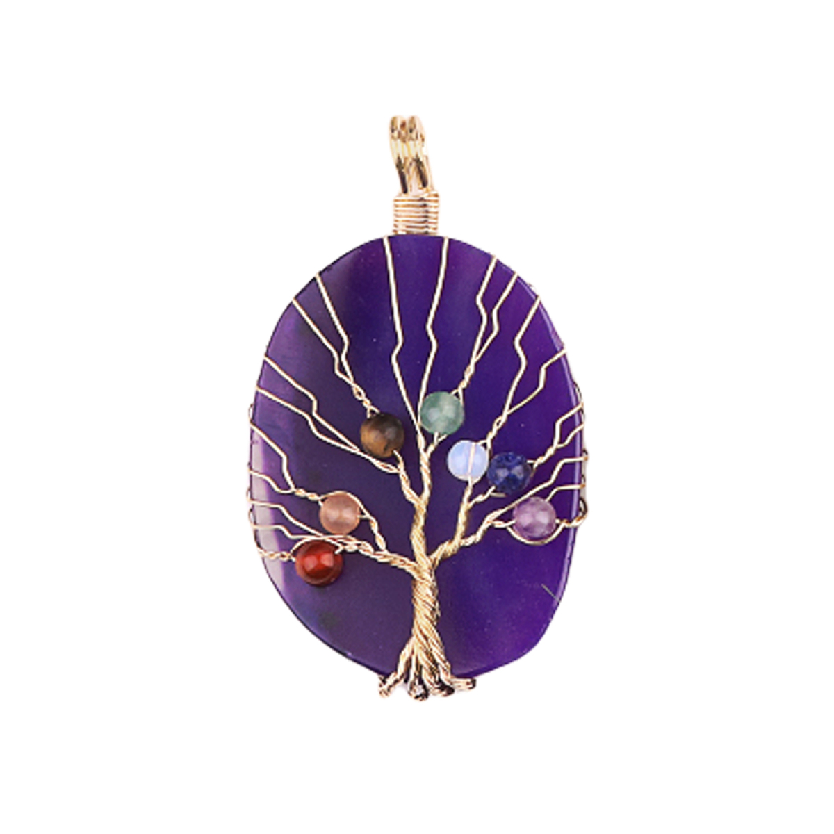 Agate Silce Wrapped Gold Wire 7 Chakra 4MM Round Beads Life of Tree Pendant