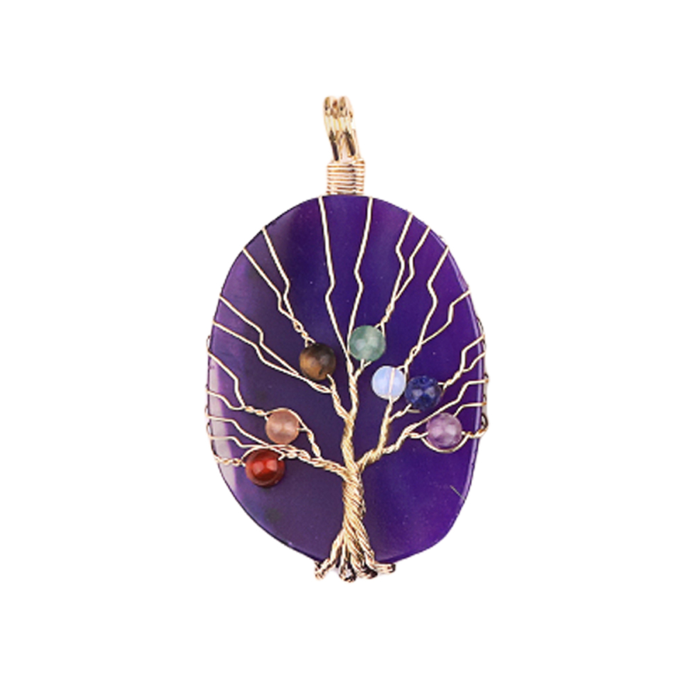 Agate Silce Wrapped Gold Wire 7 Chakra 4MM Round Beads Life of Tree Pendant