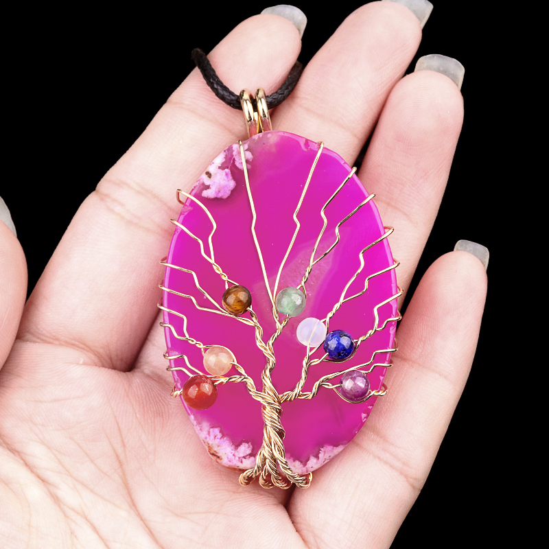 Agate Silce Wrapped Gold Wire 7 Chakra 4MM Round Beads Life of Tree Pendant for Making Jewelry