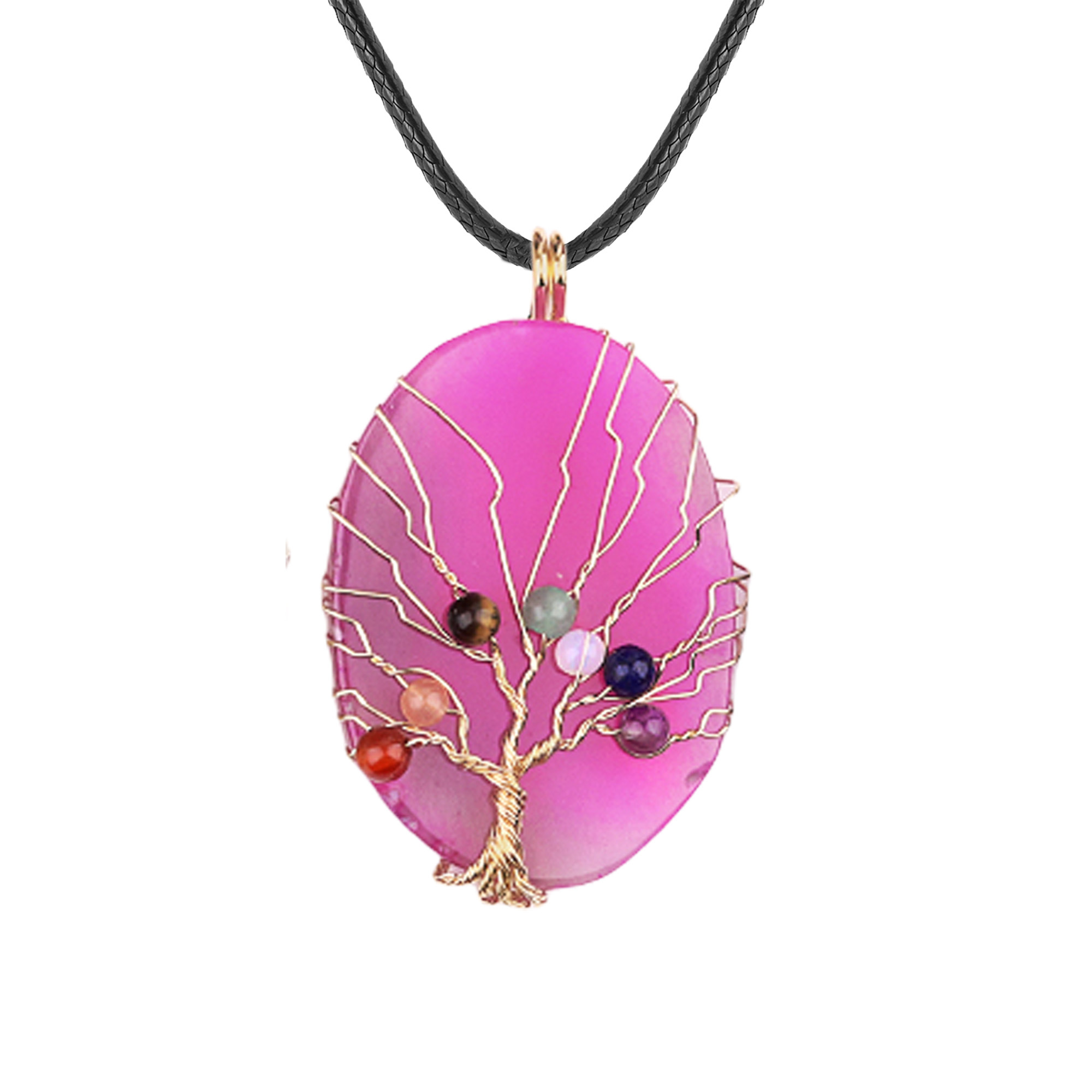 Agate Silce Wrapped Gold Wire 7 Chakra 4MM Round Beads Life of Tree Pendant for Making Jewelry