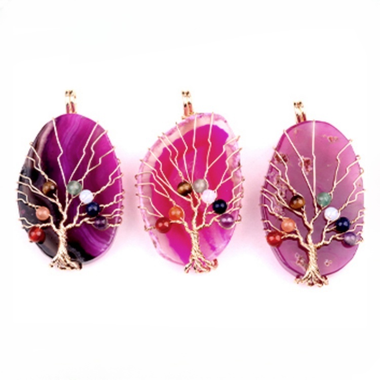 Agate Silce Wrapped Gold Wire 7 Chakra 4MM Round Beads Life of Tree Pendant for Making Jewelry
