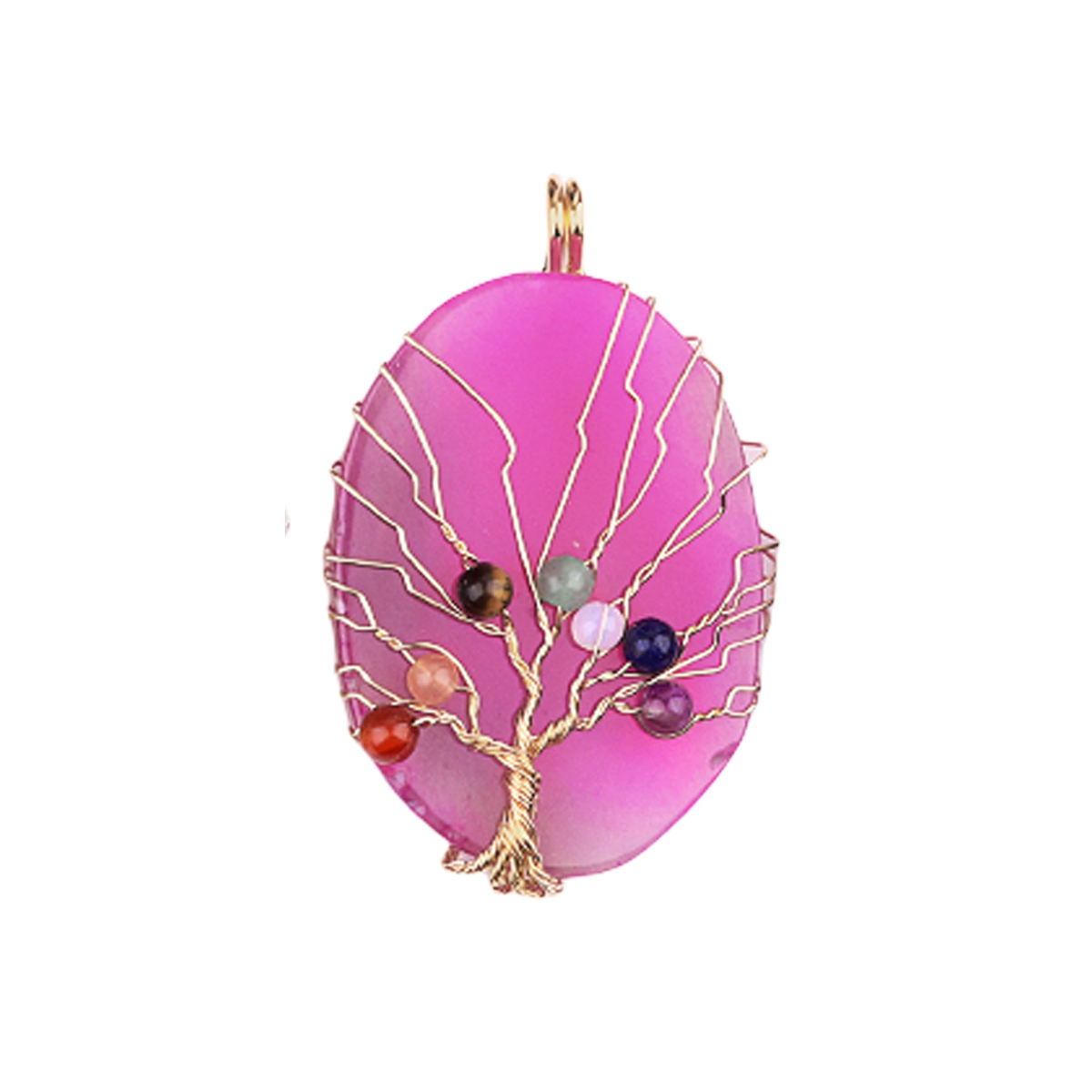 Agate Silce Wrapped Gold Wire 7 Chakra 4MM Round Beads Life of Tree Pendant