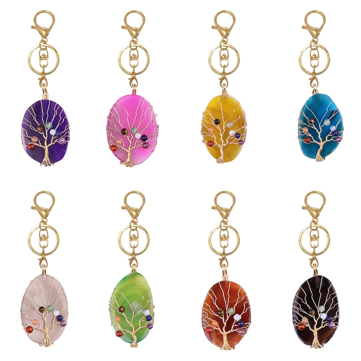 Agate Silce Wrapped Gold Wire 7 Chakra 4MM Round Beads Life of Tree Pendant for Making Jewelry