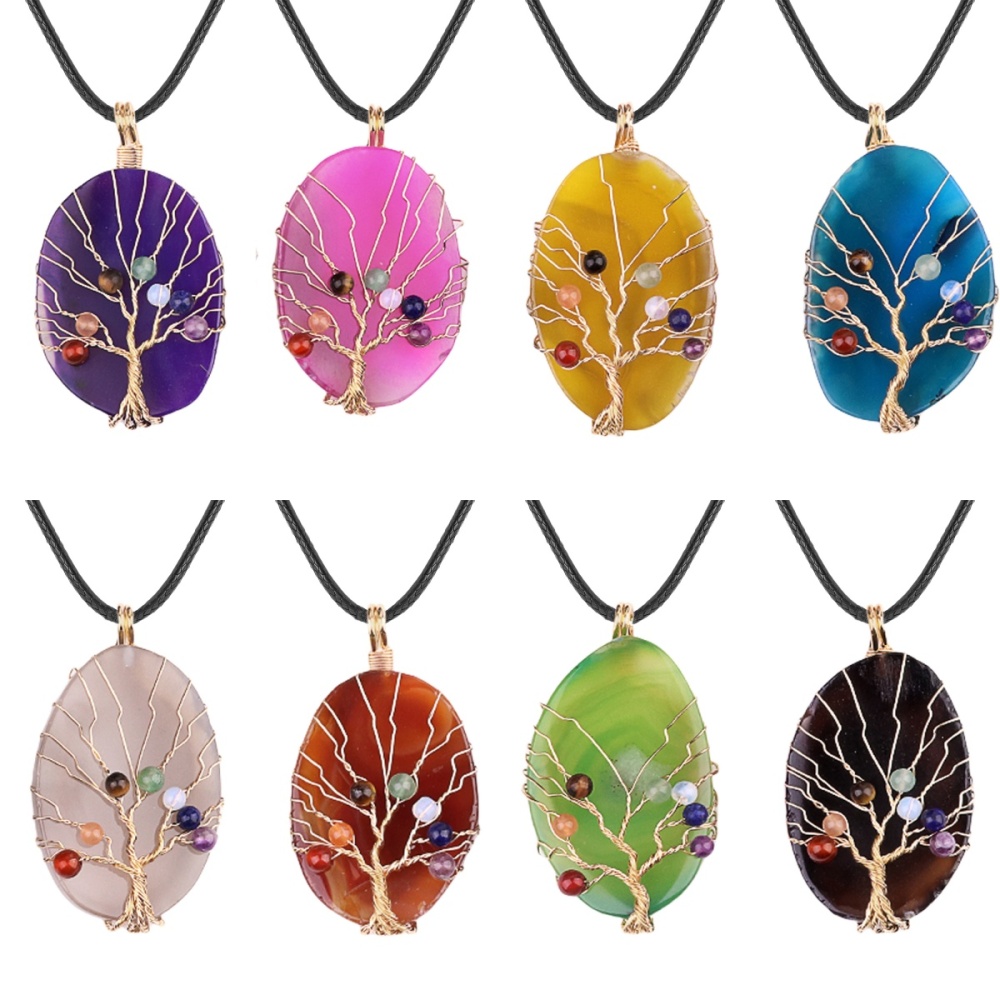 Agate Silce Wrapped Gold Wire 7 Chakra 4MM Round Beads Life of Tree Pendant