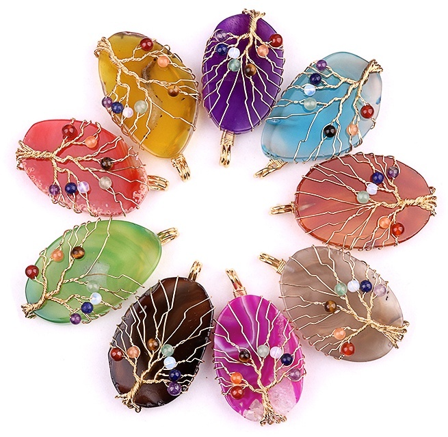 Agate Silce Wrapped Gold Wire 7 Chakra 4MM Round Beads Life of Tree Pendant
