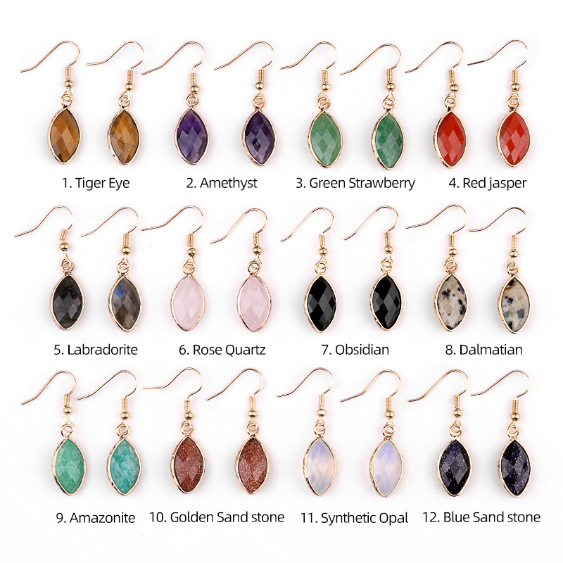 Handmade Craved Faceted Horse Eye Pendant Wrapped Golden Charms Drop Earrings