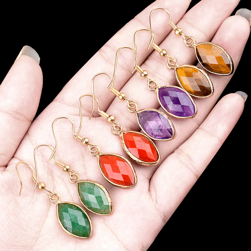 Handmade Craved Faceted Horse Eye Pendant Wrapped Golden Charms Drop Earrings