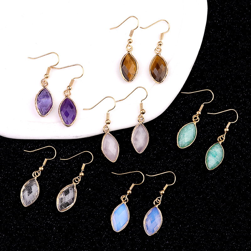 Handmade Craved Faceted Horse Eye Pendant Wrapped Golden Charms Drop Earrings
