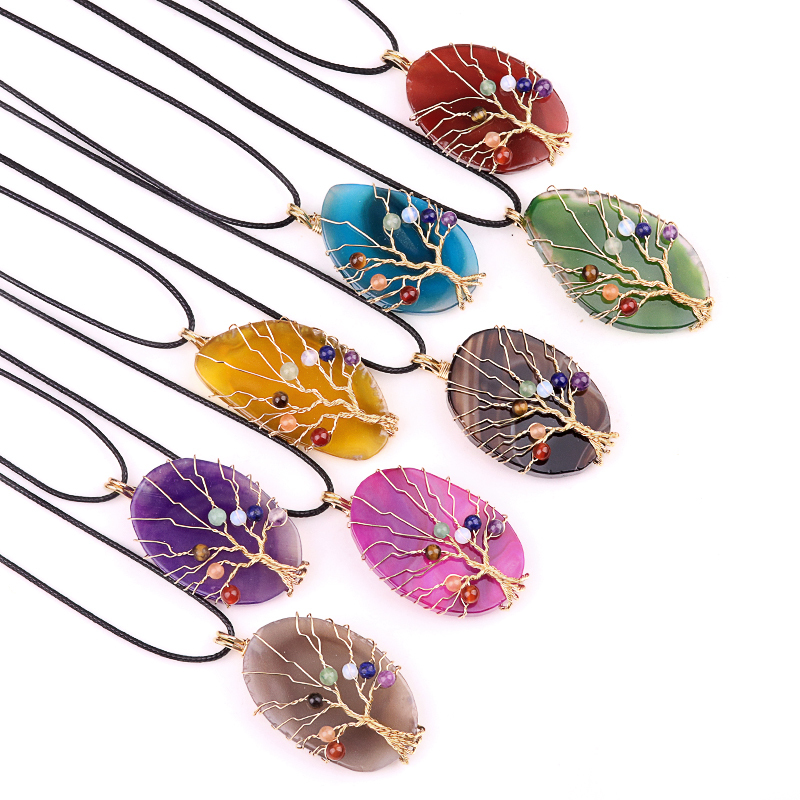 Agate Silce Wrapped Gold Wire 7 Chakra 4MM Round Beads Life of Tree Pendant Necklace 45CM Black Cord