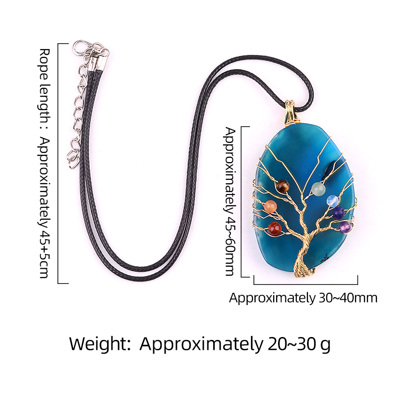 Agate Silce Wrapped Gold Wire 7 Chakra 4MM Round Beads Life of Tree Pendant Necklace 45CM Black Cord