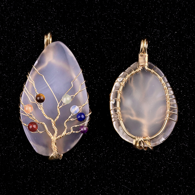 Agate Silce Wrapped Gold Wire 7 Chakra 4MM Round Beads Life of Tree Pendant